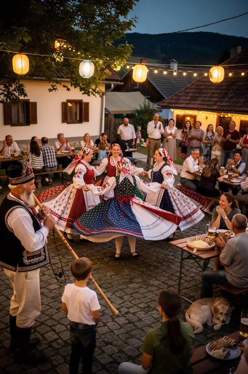 Štýlový stôl s typickými slovenskými jedlami ako bryndzové halušky, kapustnica a domáci chlieb.